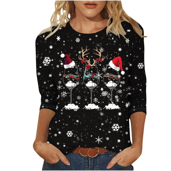 3/4 Length Sleeve Womens Christmas Tops Casual Loose Fit Crewneck T Shirts Cute Xmas Santa Claus Graphic Tees