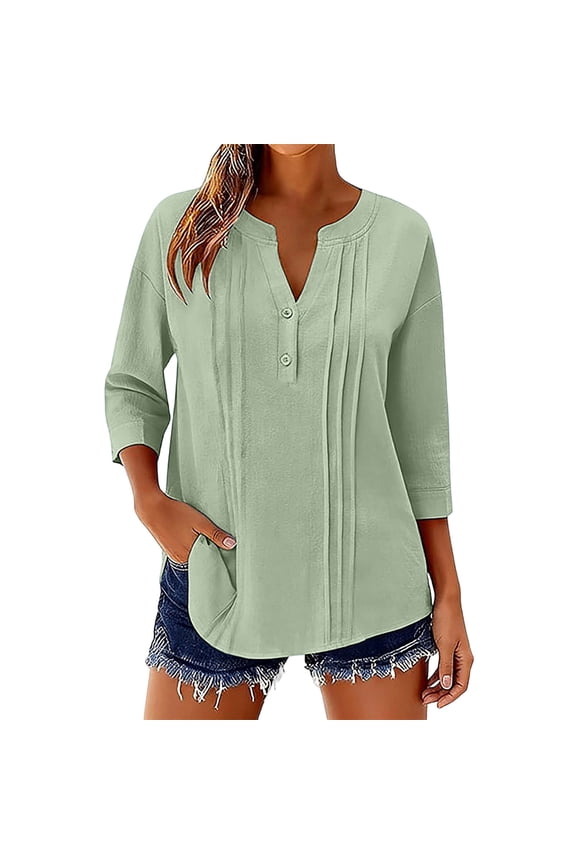 3/4 Length Sleeve Womens Cotton Linen Tops Oversized V Neck Button Short Sleeve T Shirts Summer Casual Solid Plus Size Loose Comfy Three Quarter Sleeve Tee Shirt
