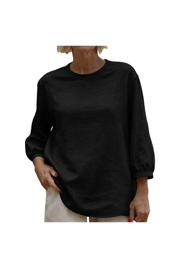 3/4 Length Sleeve Womens Oversized Peasant Tops Casual Classic Crew Neck Plain Tunic Shirts Loose Boho Gauzy Blouses