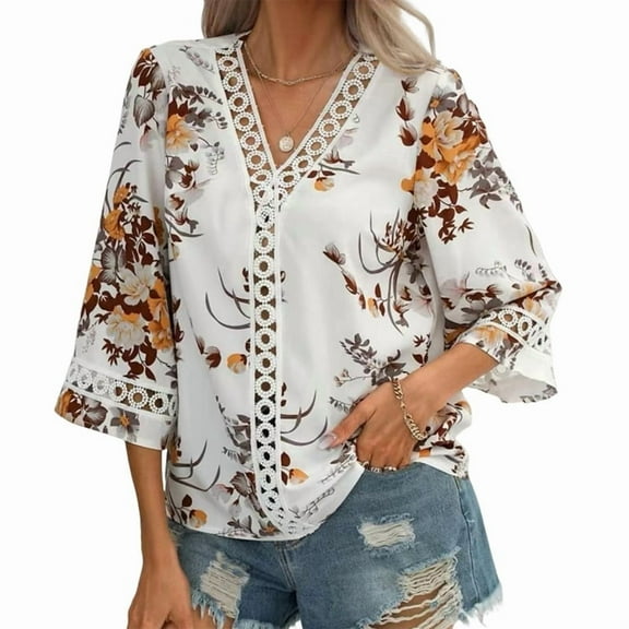 3/4 Length Sleeve Womens Summer Trendy Bell Sleeve V-Neck Dressy Casual Ethnic Bohemian Print T-Shirt Coffee Color M