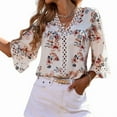 thumbnail image 1 of 3/4 Length Sleeve Womens Summer Trendy Bell Sleeve V-Neck Dressy Casual Ethnic Bohemian Print T-Shirt White L, 1 of 6