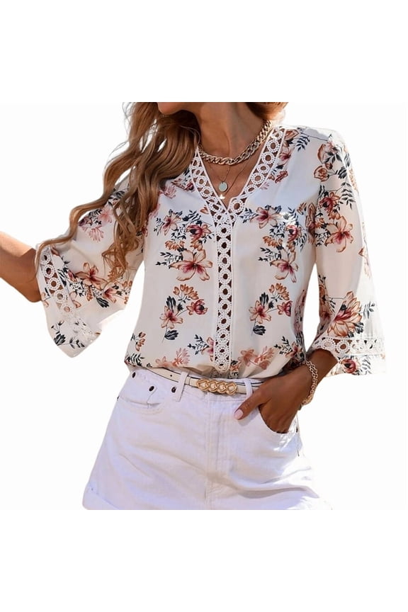 3/4 Length Sleeve Womens Summer Trendy Bell Sleeve V-Neck Dressy Casual Ethnic Bohemian Print T-Shirt White L