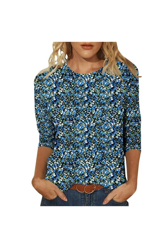 Womens Tops 3/4 Length Sleeves Plus Size Casual Crewneck Loose Fashion Tees T Shirt Ladies Blouses Shirts