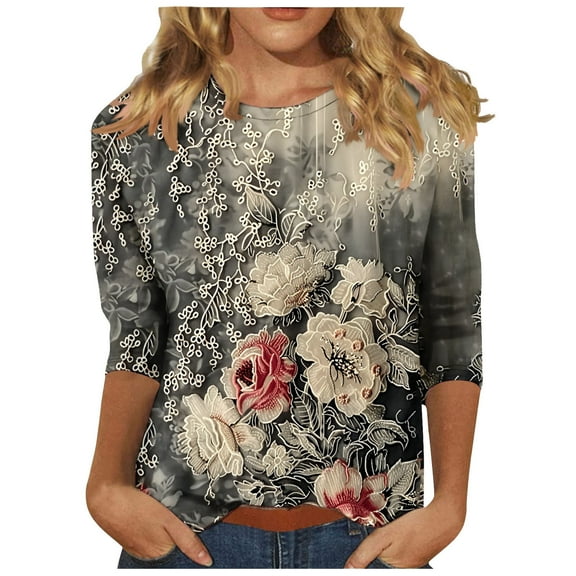 3/4 Length Sleeve Womens Tops 2025 Printed Round Neck Shirts Loose Fit Casual Three Quarter Sleeve Tshirts