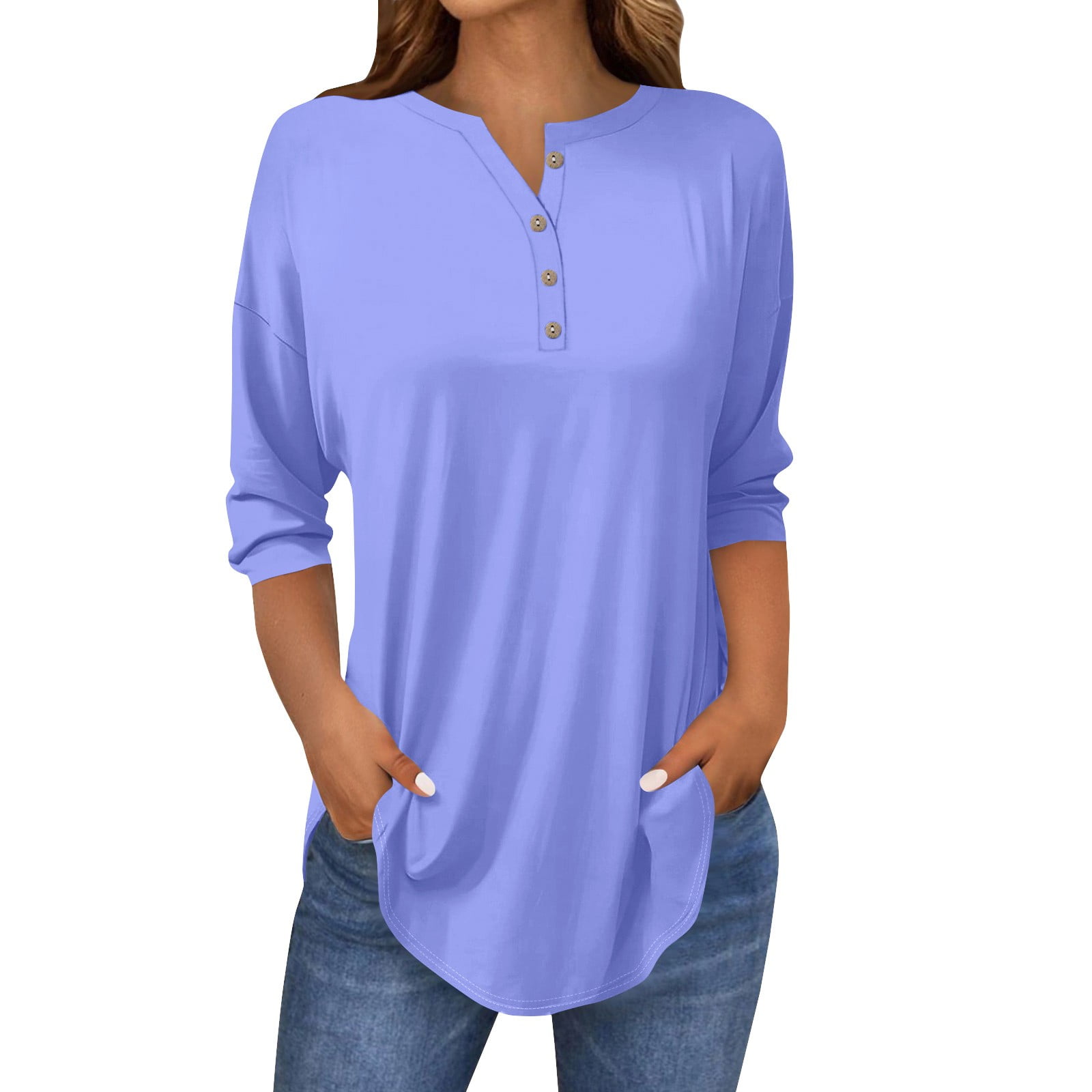3/4 Length Sleeve Womens Tops 2025 Spring Henley Neck Casual Print
