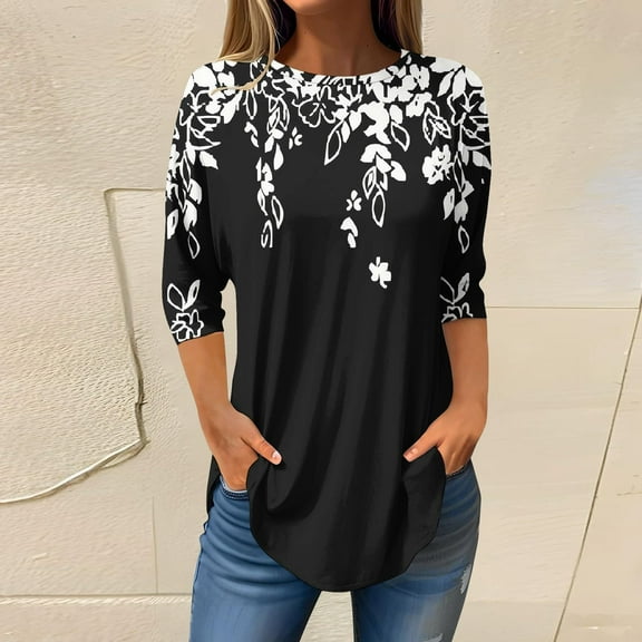 3/4 Length Sleeve Womens Tops 2025 Spring Neck Casual Print Tunic T Shirts Three Quarter Length Womens Tops Black L