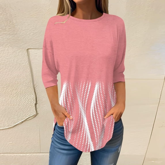 3/4 Length Sleeve Womens Tops 2025 Spring Neck Casual Print Tunic T Shirts Three Quarter Length Womens Tops