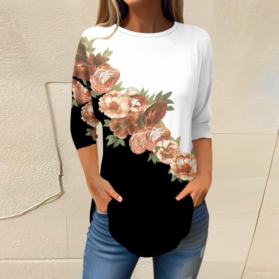 3/4 Length Sleeve Womens Tops 2025 Spring Neck Casual Print Tunic T Shirts Three Quarter Length Womens Tops
