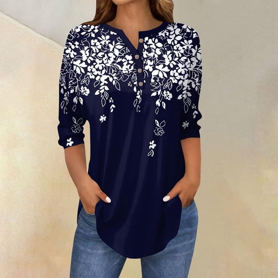 3/4 Length Sleeve Womens Tops 2025 Spring Neck Casual Print Tunic T Shirts Three Quarter Length Womens Tops
