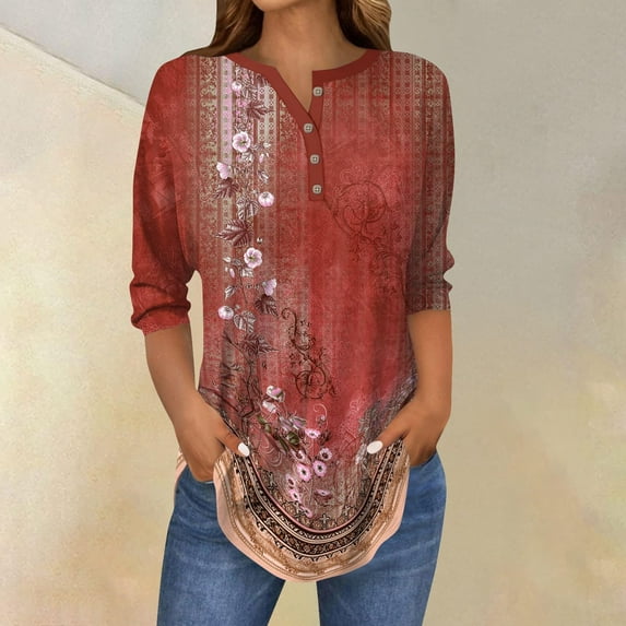 3/4 Length Sleeve Womens Tops 2025 Spring Neck Casual Print Tunic T Shirts Three Quarter Length Womens Tops