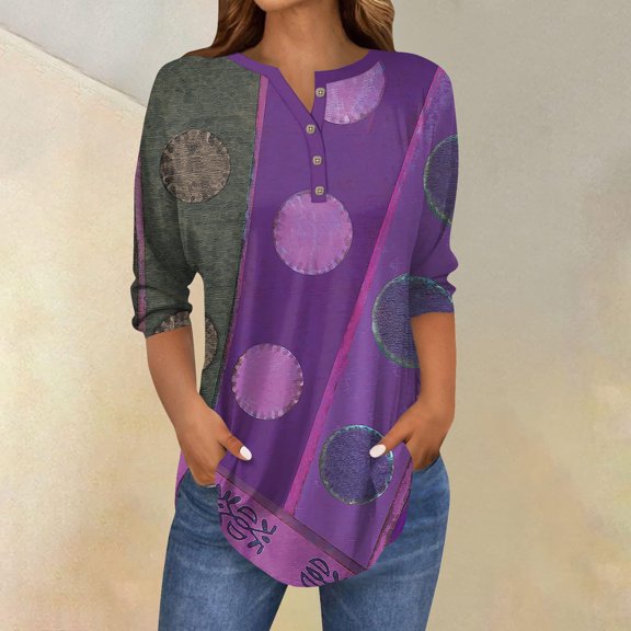 3/4 Length Sleeve Womens Tops 2025 Spring Neck Casual Print Tunic T Shirts Three Quarter Length Womens Tops