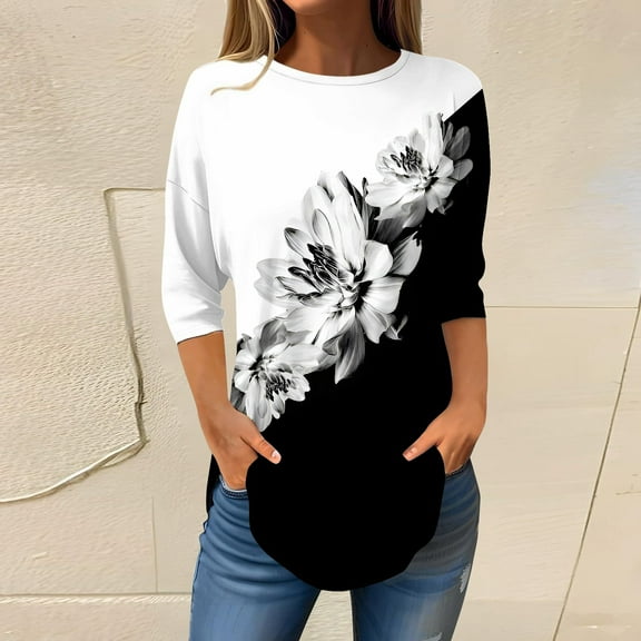 3/4 Length Sleeve Womens Tops 2025 Spring Neck Casual Print Tunic T Shirts Three Quarter Length Womens Tops