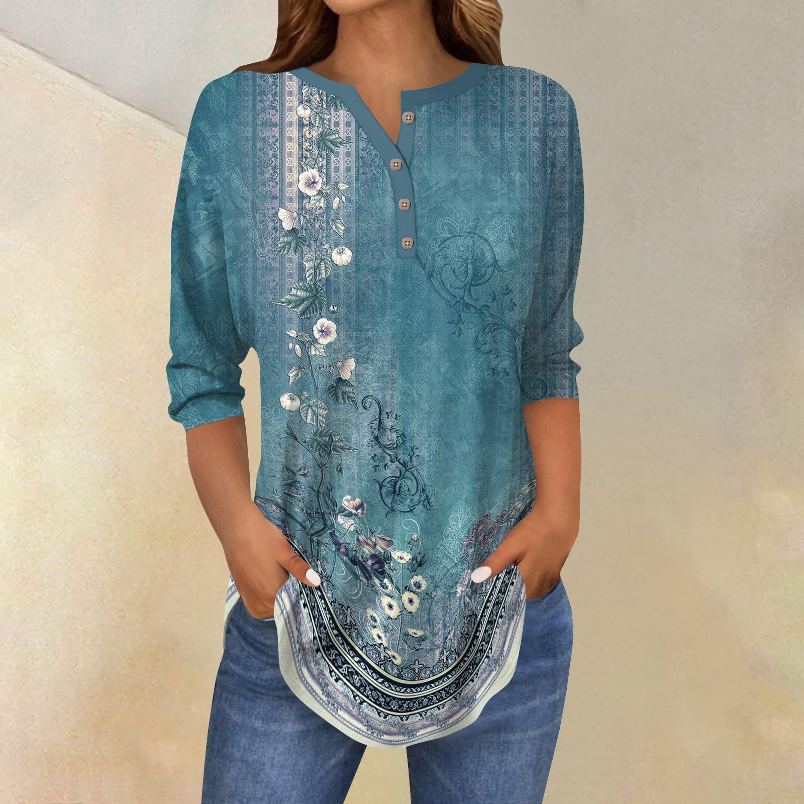 2025 New Womens 3/4 Length Sleeve Tops Trendy V Neck T Shirts