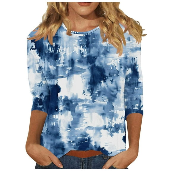 3/4 Length Sleeve Womens Tops 2025 Summer Crew Neck Tees Loose Fit Tee Shirts Tie-Dye Gradient Print Tuncis Blouses Dressy Causal Blouses
