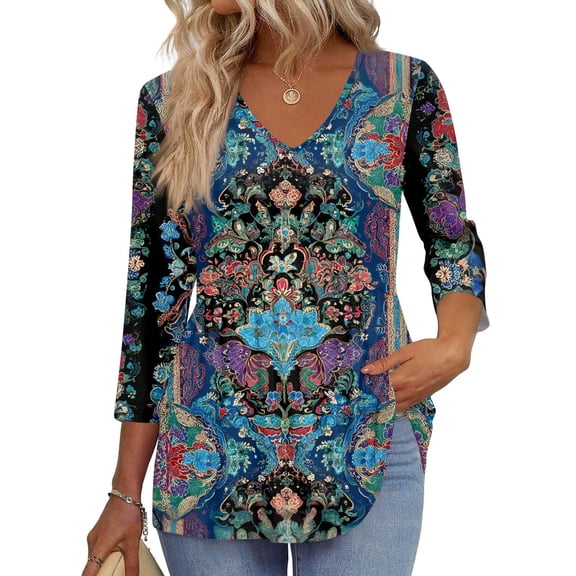 3/4 Length Sleeve Womens Tops 2026 Blouses for Women Dressy Casual Fashion Clothing V Neck Babydoll Tops Fall Outfits Cyan M