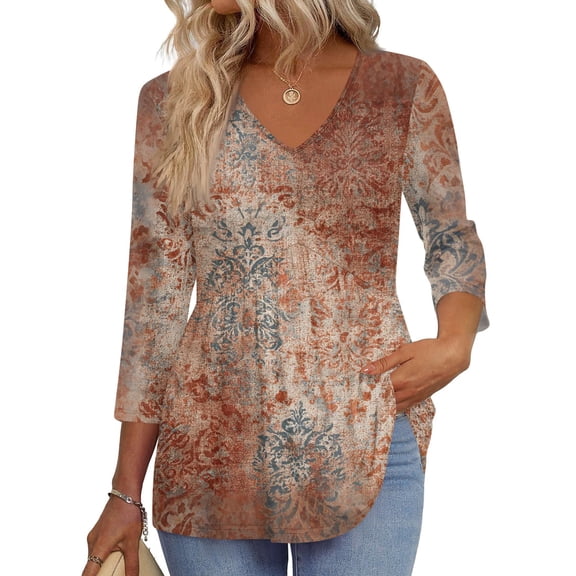3/4 Length Sleeve Womens Tops 2026 Blouses for Women Dressy Casual Fashion Clothing V Neck Babydoll Tops Fall Outfits Khaki M