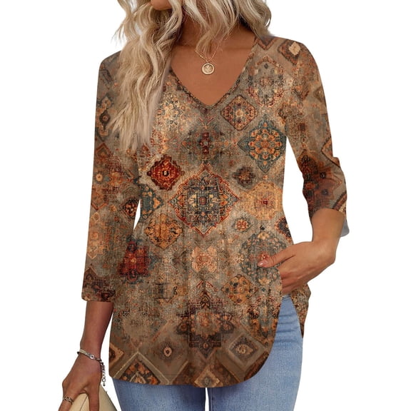 3/4 Length Sleeve Womens Tops 2026 Blouses for Women Dressy Casual Fashion Clothing V Neck Babydoll Tops Fall Outfits Light Brown XL