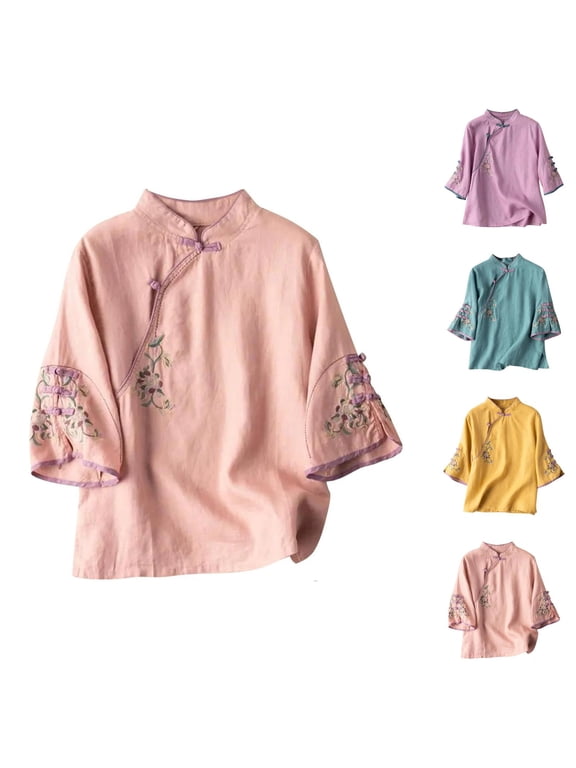 3/4 Length Sleeve Womens Tops 2026 Casual Vintage Embroidered Chinese Button Stand Collared Tshirt Womens Blouses