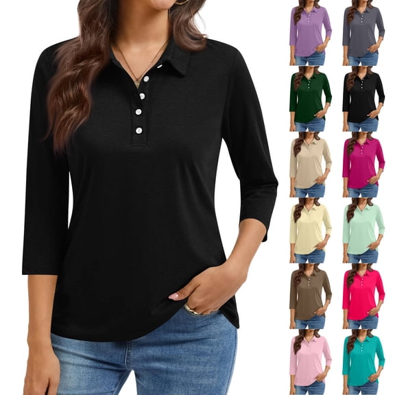 3/4 Length Sleeve Womens Tops 2026 Spring Summer Collared Polo Shirts V Neck Casual Basic Polos Tees Shirt Black 2XL