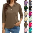 thumbnail image 1 of 3/4 Length Sleeve Womens Tops 2026 Spring Summer Collared Polo Shirts V Neck Casual Basic Polos Tees Shirt Brown 3XL, 1 of 6