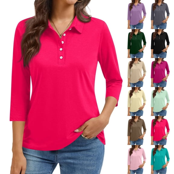 3/4 Length Sleeve Womens Tops 2026 Spring Summer Collared Polo Shirts V Neck Casual Basic Polos Tees Shirt Hot Pink 3XL