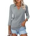 thumbnail image 1 of 3/4 Length Sleeve Womens Tops 2026 Spring Summer Collared Polo Shirts V Neck Casual Basic Polos Tees Shirt Light Gray M, 1 of 4