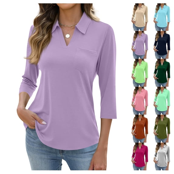 3/4 Length Sleeve Womens Tops 2026 Spring Summer Collared Polo Shirts V ...