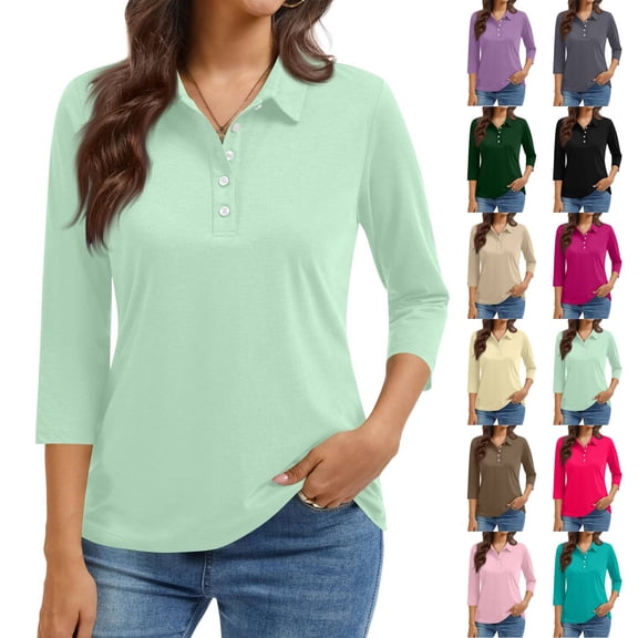 3/4 Length Sleeve Womens Tops 2026 Spring Summer Collared Polo Shirts V Neck Casual Basic Polos Tees Shirt Mint Green XL