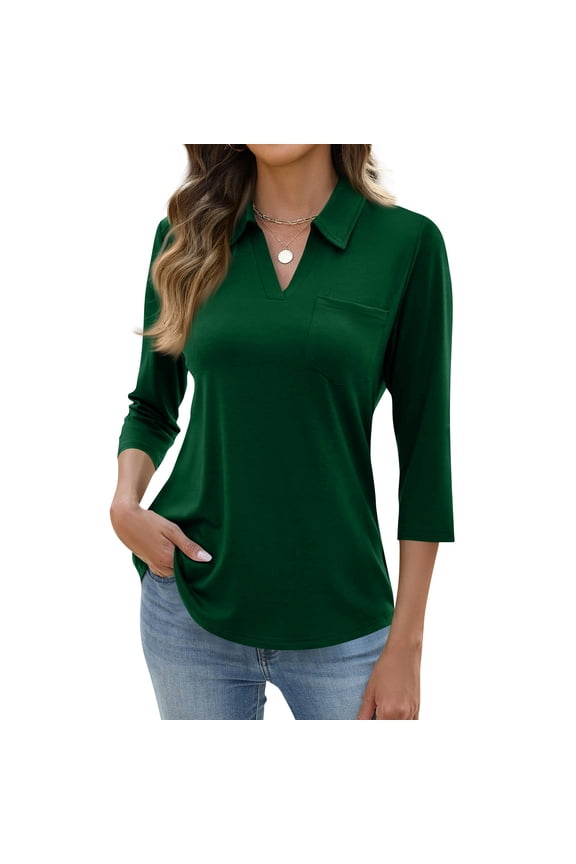 3/4 Length Sleeve Womens Tops 2026 Spring Summer Collared Polo Shirts V Neck Casual Basic Tees Shirt Dark Green XL