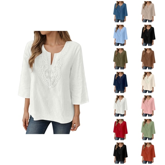 3/4 Length Sleeve Womens Tops 2026 Spring Summer Cotton Linen V Neck Lace Oversized Boho T Shirts Blouse
