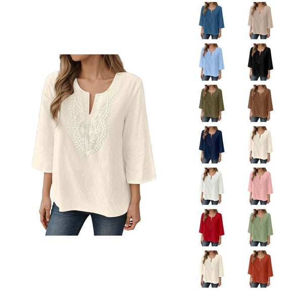3/4 Length Sleeve Womens Tops 2026 Spring Summer Cotton Linen V Neck Lace Oversized Boho T Shirts Blouse