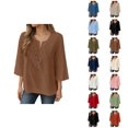 thumbnail image 1 of 3/4 Length Sleeve Womens Tops 2026 Spring Summer Cotton Linen V Neck Lace Oversized Boho T Shirts Blouse, 1 of 6