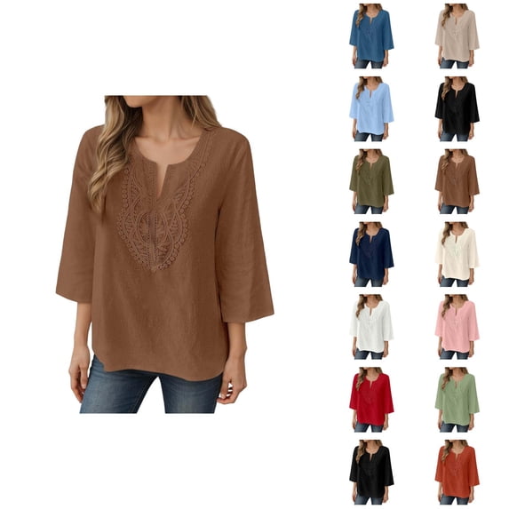 3/4 Length Sleeve Womens Tops 2026 Spring Summer Cotton Linen V Neck Lace Oversized Boho T Shirts Blouse