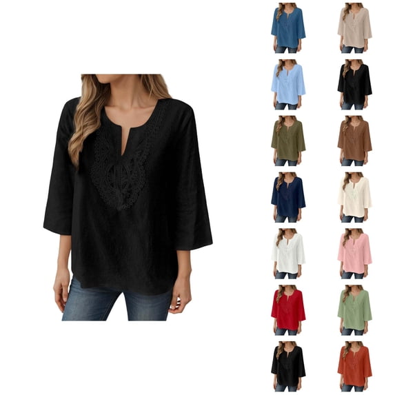 3/4 Length Sleeve Womens Tops 2026 Spring Summer Cotton Linen V Neck Lace Oversized Boho T Shirts Blouse