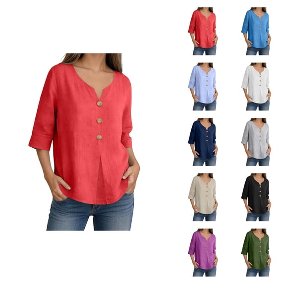 3/4 Length Sleeve Womens Tops 2026 Spring Summer Cotton Linen V Neck Relaxed Fit Dressy Casual Office Work T Shirts
