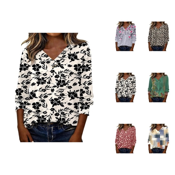 3/4 Length Sleeve Womens Tops 2026 Spring Summer Floral Printed V Neck T Shirts Blouse
