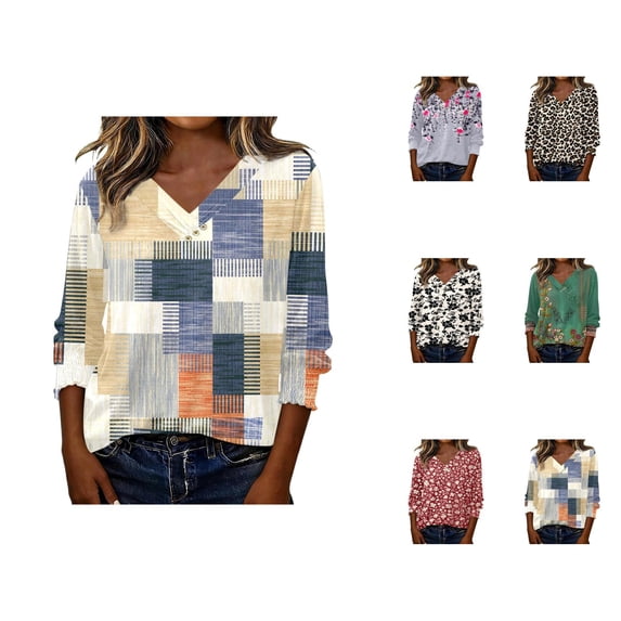 3/4 Length Sleeve Womens Tops 2026 Spring Summer Floral Printed V Neck T Shirts Blouse