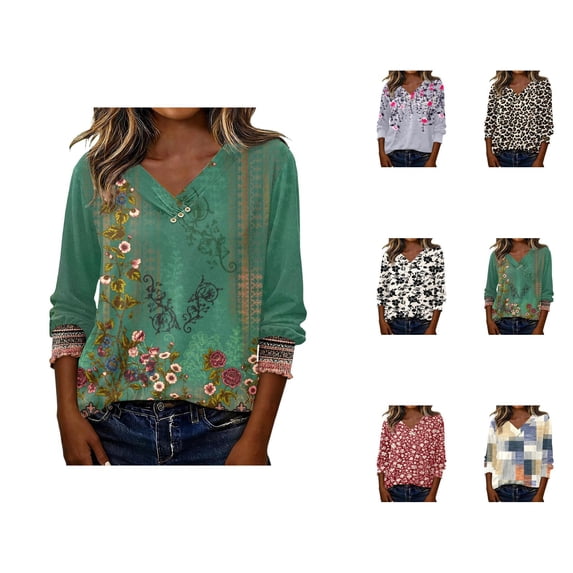 3/4 Length Sleeve Womens Tops 2026 Spring Summer Floral Printed V Neck T Shirts Blouse