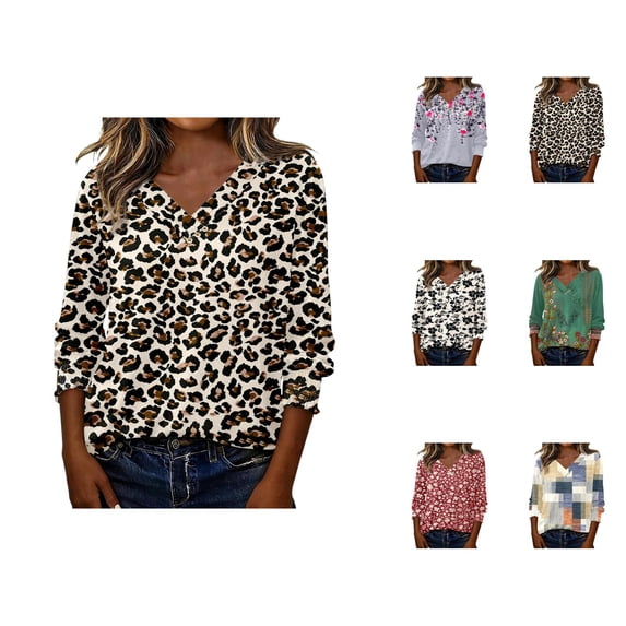 3/4 Length Sleeve Womens Tops 2026 Spring Summer Floral Printed V Neck T Shirts Blouse