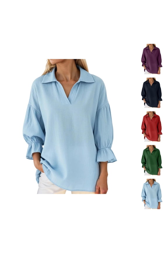 3/4 Length Sleeve Womens Tops 2026 Spring Summer Lantern Sleeve V Neck Lapel Collar Loose T Shirts Blouse