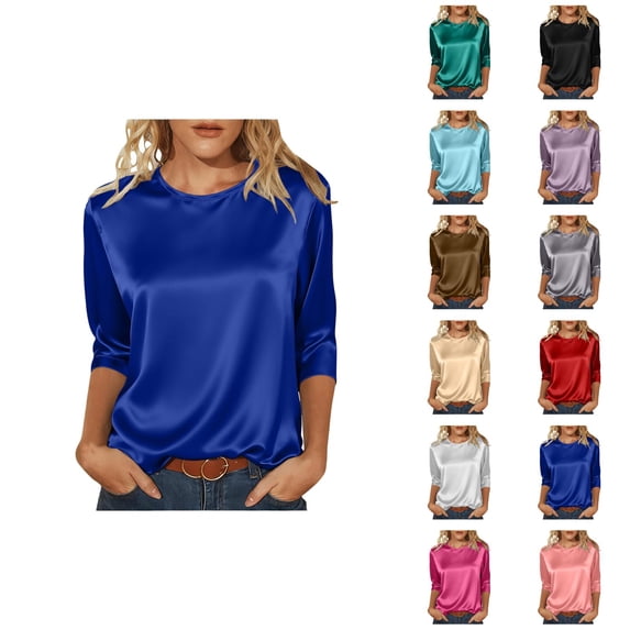 3/4 Length Sleeve Womens Tops 2026 Spring Summer Satin Crewneck Classic Fit Dressy Casual Office Work T Shirts
