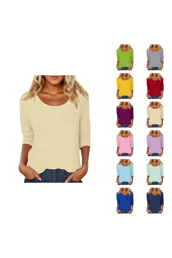 3/4 Length Sleeve Womens Tops 2026 Spring Summer Scoop Neck Plain Basic Casual T Shirts Blouse