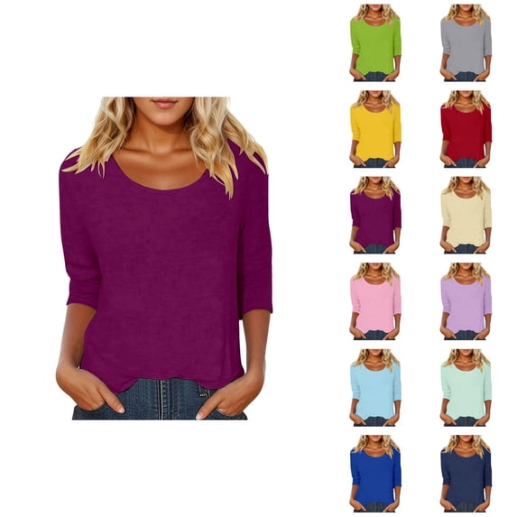 3/4 Length Sleeve Womens Tops 2026 Spring Summer Scoop Neck Plain Basic Casual T Shirts Blouse