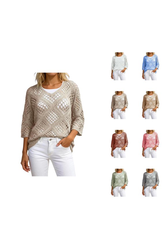 3/4 Length Sleeve Womens Tops 2026 Spring Summer V Neck Batwing Sleeve Knit Casual Beach Cover Up
