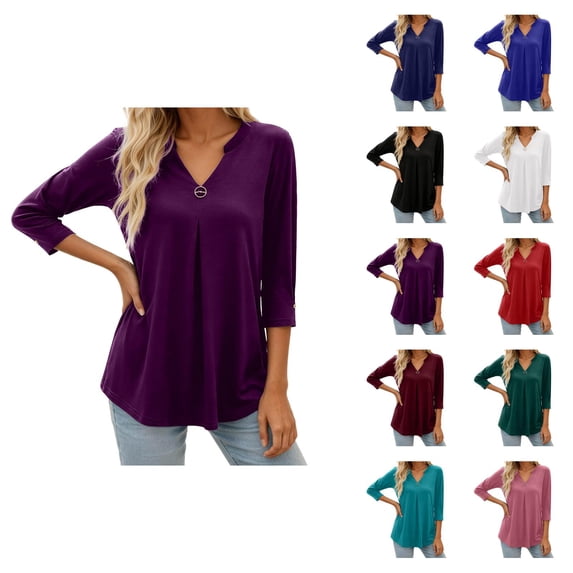 3/4 Length Sleeve Womens Tops 2026 Spring Summer V Neck Flowy Ruffle Front Dressy Casual Office Work T Shirts Blouse