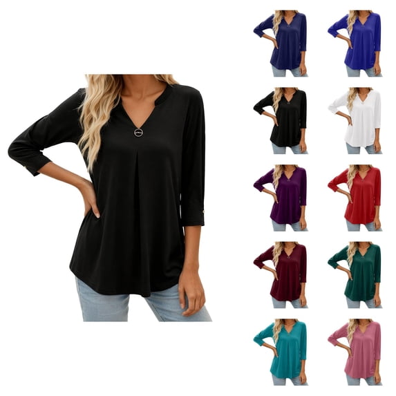 3/4 Length Sleeve Womens Tops 2026 Spring Summer V Neck Flowy Ruffle Front Dressy Casual Office Work T Shirts Blouse