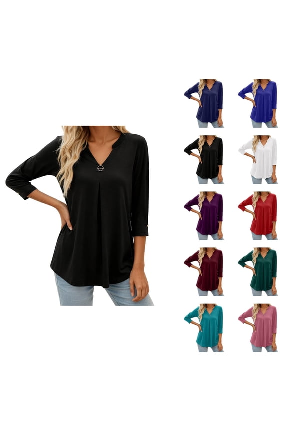 3/4 Length Sleeve Womens Tops 2026 Spring Summer V Neck Flowy Ruffle Front Dressy Casual Office Work T Shirts Blouse