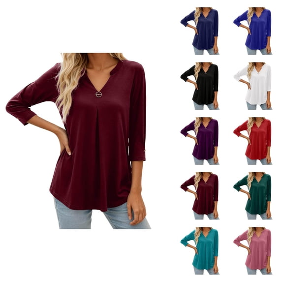 3/4 Length Sleeve Womens Tops 2026 Spring Summer V Neck Flowy Ruffle Front Dressy Casual Office Work T Shirts Blouse