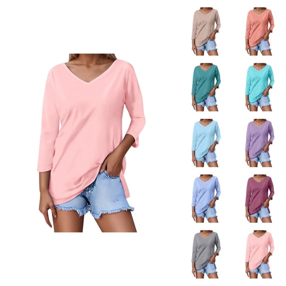 3/4 Length Sleeve Womens Tops 2026 Spring Trendy Basic V Neck Plain Casual Tunic Tshirt Womens Blouses