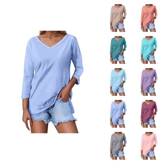 3/4 Length Sleeve Womens Tops 2026 Spring Trendy Basic V Neck Plain Casual Tunic Tshirt Womens Blouses